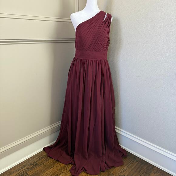 Azazie Molly One Shoulder Pleated in Cabernet Pockets A-Line Chiffon Sz (US10) - Picture 1 of 8